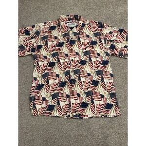 EdgeWater Silk Button Up Shirt Mens XL Red White Blue Flag Excellent Patriotic